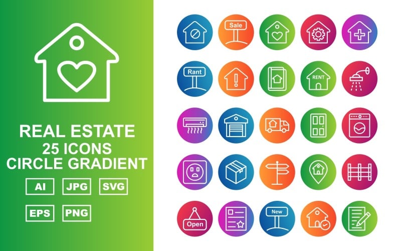 Download Набор иконок "25 Premium Real Estate Circle Gradient Icon Set" / 25 Premium Real Estate Circle Gradient Icon Set - Набор иконок на тему city search,home,reward,rent,fence,deed,new,approved,contract,sale,key,flip,checkmark,building,cash,mobile,protected house,dollar house,sold,price