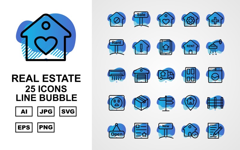 Download Набор иконок "25 Premium Real Estate Line Bubble Icon Set" / 25 Premium Real Estate Line Bubble Icon Set - Набор иконок на тему city search,home,reward,rent,fence,deed,new,approved,contract,sale,key,flip,checkmark,building,cash,mobile,protected house,dollar house,sold,price