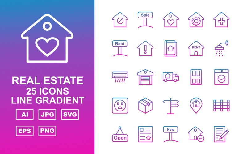 Download Набор иконок "25 Premium Real Estate Line Gradient Icon Set" / 25 Premium Real Estate Line Gradient Icon Set - Набор иконок на тему city search,home,reward,rent,fence,deed,new,approved,contract,sale,key,flip,checkmark,building,cash,mobile,protected house,dollar house,sold,price