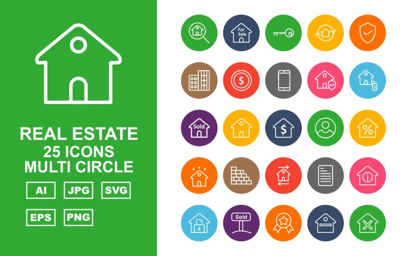 Download Набор иконок "25 Premium Real Estate Multi Circle Icon Set" / 25 Premium Real Estate Multi Circle Icon Set - Набор иконок на тему city search,home,reward,rent,fence,deed,new,approved,contract,sale,key,flip,checkmark,building,cash,mobile,protected house,dollar house,sold,price