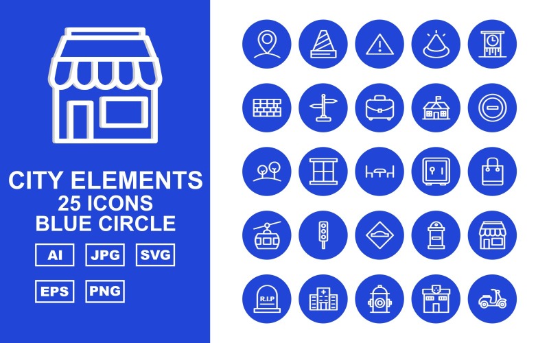 25 premium stadselementen blauwe cirkel pictogramserie