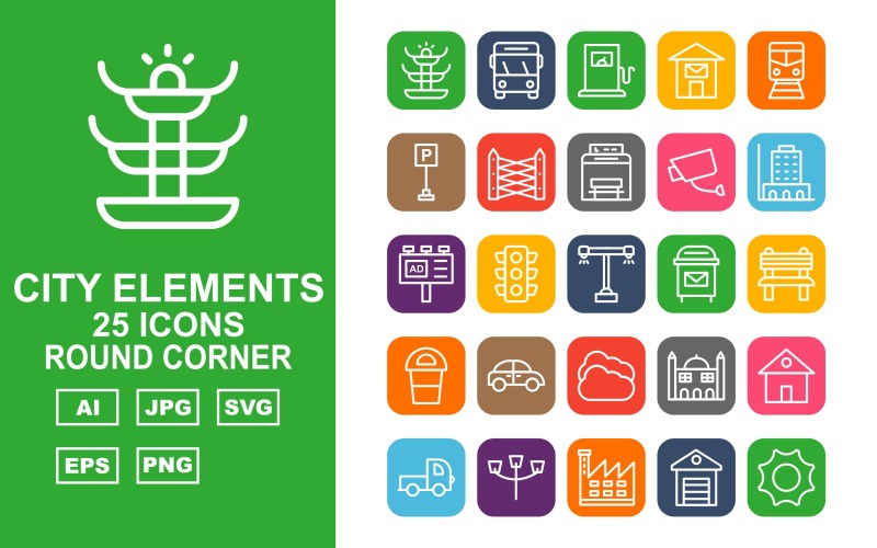 25 premium stadselementen ronde hoek icon set