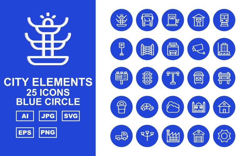 Sada ikon 25 prémiových městských prvků modrý kruh