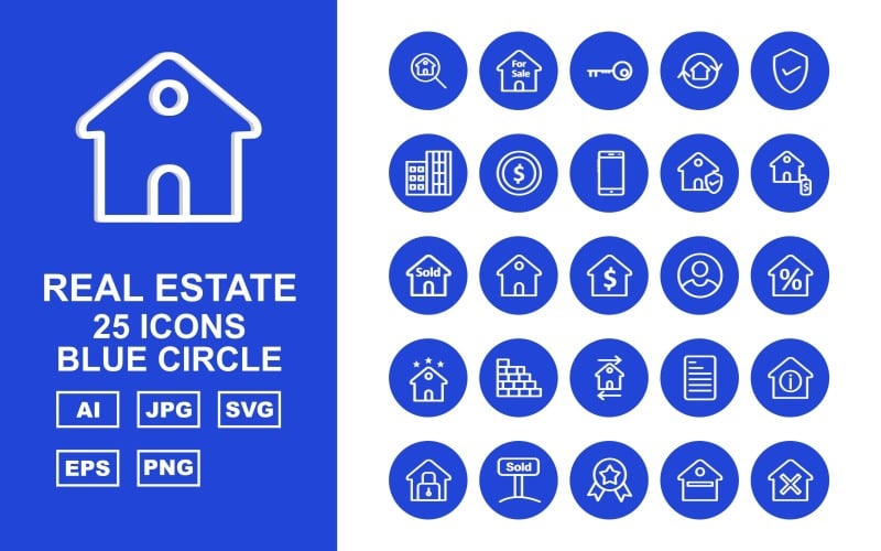25 Zestaw ikon niebieski okrąg Premium nieruchomości