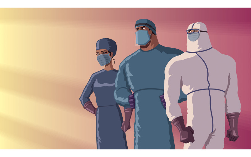 Download Иллюстрация "Doctors Heroes Dusk - Illustration" / Doctors Heroes Dusk - Illustration - Иллюстрация на тему графика health care,worker,medical,doctor,medical doctor,physician,medical practitioner,professional,super,superhero,heroine,superheroine,power,comic book,comic,comic strip,medicine,virologist,surgeo