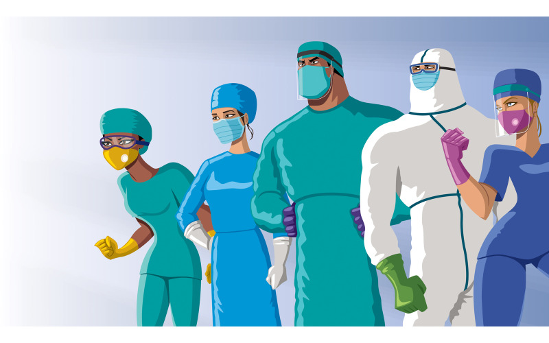 Download Иллюстрация "Doctors Heroes Team Dawn - Illustration" / Doctors Heroes Team Dawn - Illustration - Иллюстрация на тему графика health care,worker,medical,doctor,medical doctor,physician,medical practitioner,professional,super,superhero,heroine,superheroine,power,comic book,comic,comic strip,medicine,virologist,surgeo