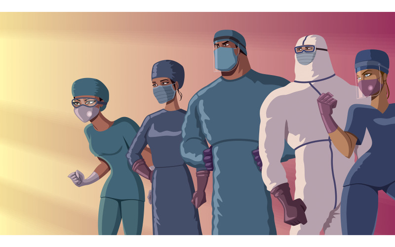 Download Иллюстрация "Doctors Heroes Team Dusk - Illustration" / Doctors Heroes Team Dusk - Illustration - Иллюстрация на тему графика health care,worker,medical,doctor,medical doctor,physician,medical practitioner,professional,super,superhero,heroine,superheroine,power,comic book,comic,comic strip,medicine,virologist,surgeo