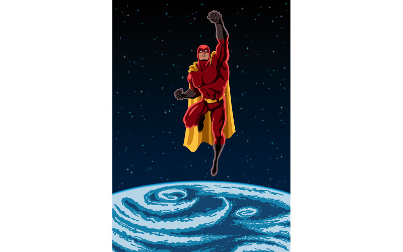 Download Иллюстрация "Earth and Superhero - Illustration" / Earth and Superhero - Illustration - Иллюстрация на тему графика superhero,super,hero,man,power,flying,space,outer space,star,speed,action,comic book,strength,muscular,body,male,macho,costume,disguise,cape