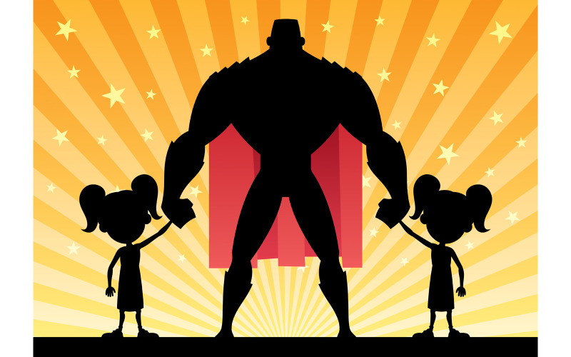 Download Иллюстрация "Super Dad 2 Twin Girls - Illustration" / Super Dad 2 Twin Girls - Illustration - Иллюстрация на тему графика father,dad,daddy,super,hero,man,superhero,male,girl,twin,twins,kid,child,daughter,sister,sibling,family,little,small,silhouette