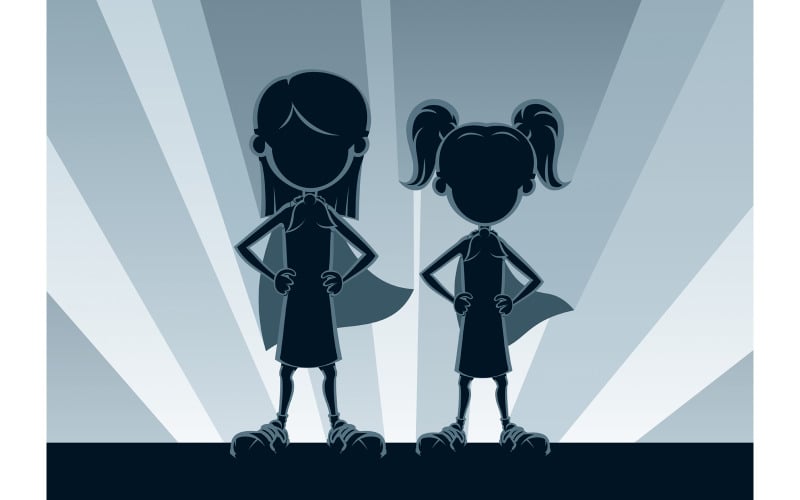 Download Иллюстрация "Super Girls Silhouettes - Illustration" / Super Girls Silhouettes - Illustration - Иллюстрация на тему графика superhero,superheroine,super,hero,heroine,child,kid,girl,sister,sibling,friend,daughter,young,little,baby,couple,character,silhouette,costume,light