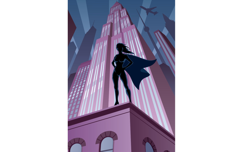 Download Иллюстрация "Super Heroine in City - Illustration" / Super Heroine in City - Illustration - Иллюстрация на тему графика superhero,super,hero,heroine,female,superwoman,woman,girl,teenage,teenager,silhouette,city,cityscape,skyline,urban,scene,night,dark,darkness,skyscraper
