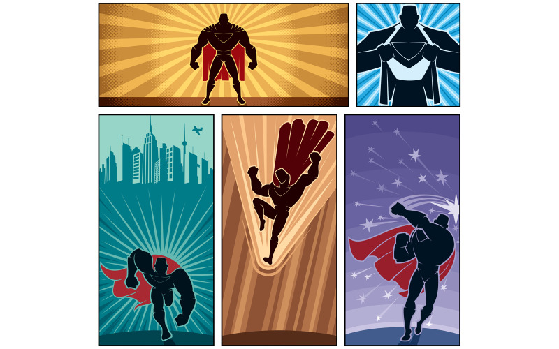 Download Иллюстрация "Superhero Banners 2 - Illustration" / Superhero Banners 2 - Illustration - Иллюстрация на тему графика superhero,super,hero,man,superman,banner,background,copyspace,copy,space,silhouette,power,comic,book,cartoon,style,design,rays,light,sun