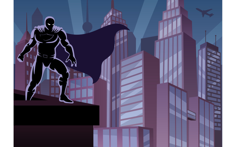Download Иллюстрация "Superhero on Roof - Illustration" / Superhero on Roof - Illustration - Иллюстрация на тему графика superhero,super,hero,man,superman,silhouette,city,cityscape,skyline,urban,scene,night,dark,darkness,skyscraper,tower,building,business,office,roof