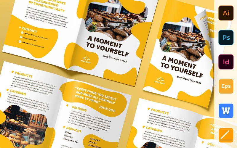 Download Фирменный стиль "Bakery Cafe Brochure Bifold - Corporate Identity Template" / Bakery Cafe Brochure Bifold - Corporate Identity Template - Фирменный стиль на тему графика brochure,bifold,template,corporate,company,branding,bakery,cafe,bake,cake,products,food,white,orange,black
