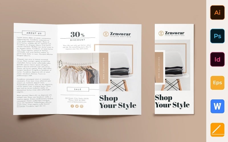 Download Фирменный стиль "Boutique Brochure Trifold - Corporate Identity Template" / Boutique Brochure Trifold - Corporate Identity Template - Фирменный стиль на тему графика brochure,trifold,template,corporate,company,branding,boutique,shop,store,clothes,shoes,accessories,white,brown,black