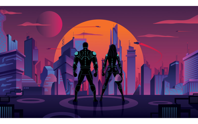 Casal de super-heróis na cidade futurista 2 - ilustração