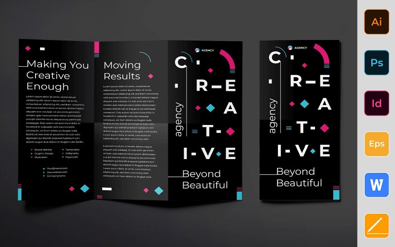 Download Фирменный стиль "Creative Agency Brochure Trifold - Corporate Identity Template" / Creative Agency Brochure Trifold - Corporate Identity Template - Фирменный стиль на тему графика brochure,trifold,template,corporate,company,branding,creative,agency,graphic,design,social,marketing,black,pink,blue