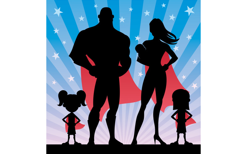 Famille de super-héros avec 2 filles et bébé - Illustration