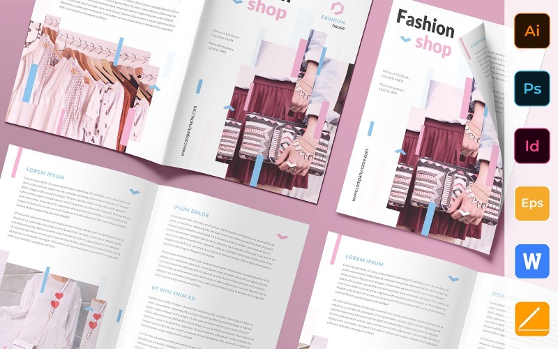 Download Фирменный стиль "Fashion House Brochure Bifold - Corporate Identity Template" / Fashion House Brochure Bifold - Corporate Identity Template - Фирменный стиль на тему графика brochure,bifold,template,corporate,company,branding,fashion,shop,store,clothes,shoes,accessories,white,blue,pink