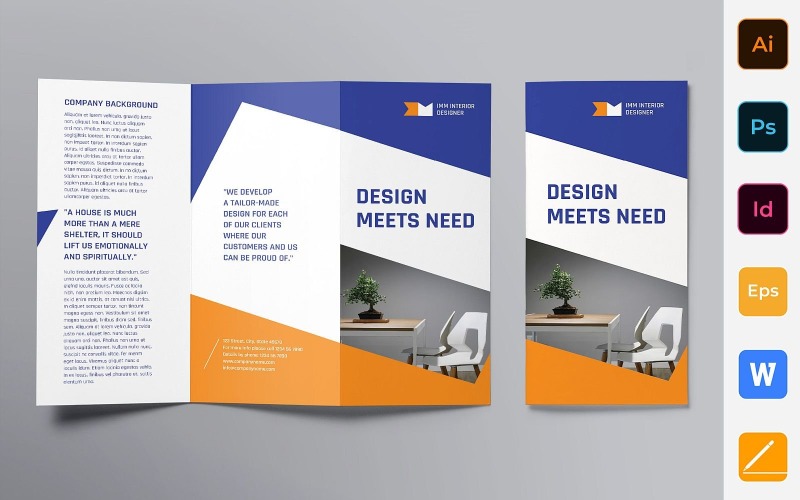 Download Фирменный стиль "Interior Design Brochure Trifold - Corporate Identity Template" / Interior Design Brochure Trifold - Corporate Identity Template - Фирменный стиль на тему графика brochure,trifold,template,corporate,company,branding,interior,designer,design,architecture,decor,furniture,blue,orange,white