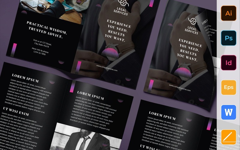 Download Фирменный стиль "Lawyer Brochure Bifold - Corporate Identity Template" / Lawyer Brochure Bifold - Corporate Identity Template - Фирменный стиль на тему графика brochure,bifold,template,corporate,company,branding,legal,justice,lawyer,law,attorney,lawfirm,black,purple,pink