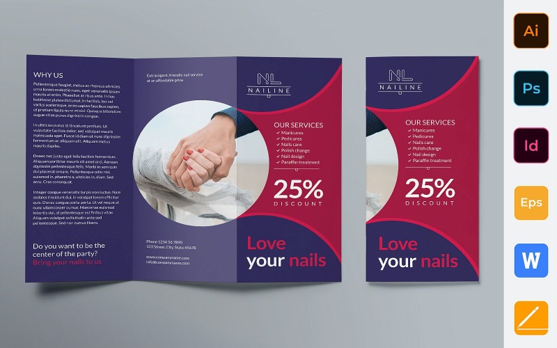 Download Фирменный стиль "Nail Studio Brochure Trifold - Corporate Identity Template" / Nail Studio Brochure Trifold - Corporate Identity Template - Фирменный стиль на тему графика brochure,trifold,template,corporate,company,branding,nail,studio,shop,salon,manicure,pedicure,blue,red,white