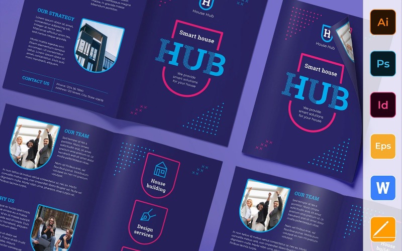 Download Фирменный стиль "Smart House Brochure Bifold - Corporate Identity Template" / Smart House Brochure Bifold - Corporate Identity Template - Фирменный стиль на тему графика brochure,bifold,template,corporate,company,branding,smart,house,home,technology,building,planning,security,blue,pink