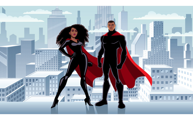 Superbohater para czarne miasto zima - ilustracja