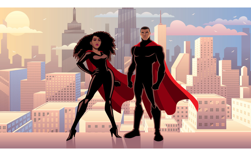 Download Иллюстрация "Superhero Couple Black City Day - Illustration" / Superhero Couple Black City Day - Illustration - Иллюстрация на тему графика superhero,superman,superheroine,super,hero,man,male,female,heroine,woman,girl,superwoman,couple,power,family,african,african american,black,comic book,strength