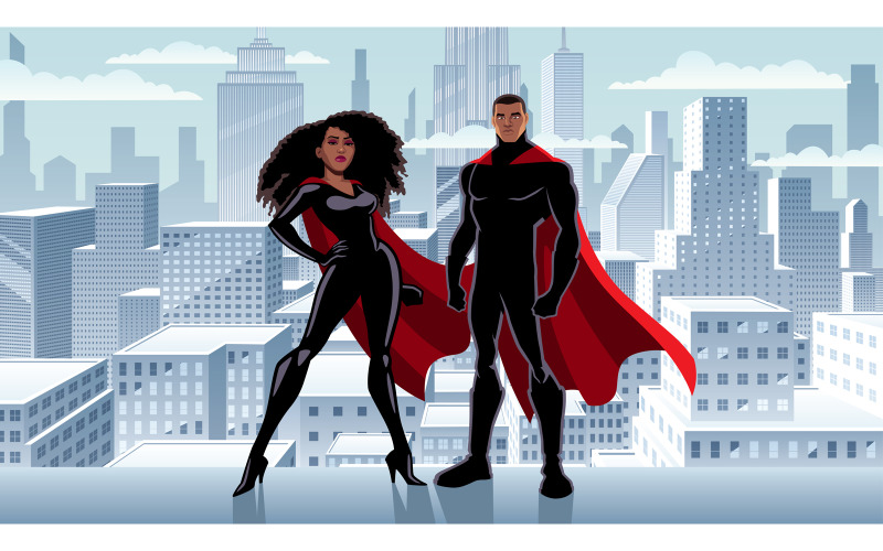 Download Иллюстрация "Superhero Couple Black City Winter - Illustration" / Superhero Couple Black City Winter - Illustration - Иллюстрация на тему графика superhero,superman,superheroine,super,hero,man,male,female,heroine,woman,girl,superwoman,couple,power,family,african,african american,black,comic book,strength