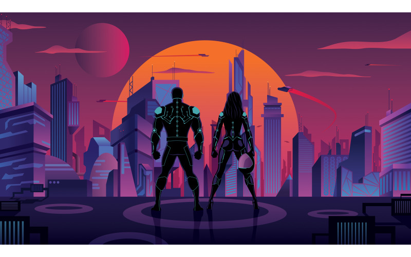 Download Иллюстрация "Superhero Couple in Futuristic City 2 - Illustration" / Superhero Couple in Futuristic City 2 - Illustration - Иллюстрация на тему графика superhero,couple,family,team,silhouette,superheroine,super,hero,man,male,female,heroine,woman,girl,superwoman,human,soldier,warrior,astronaut,action