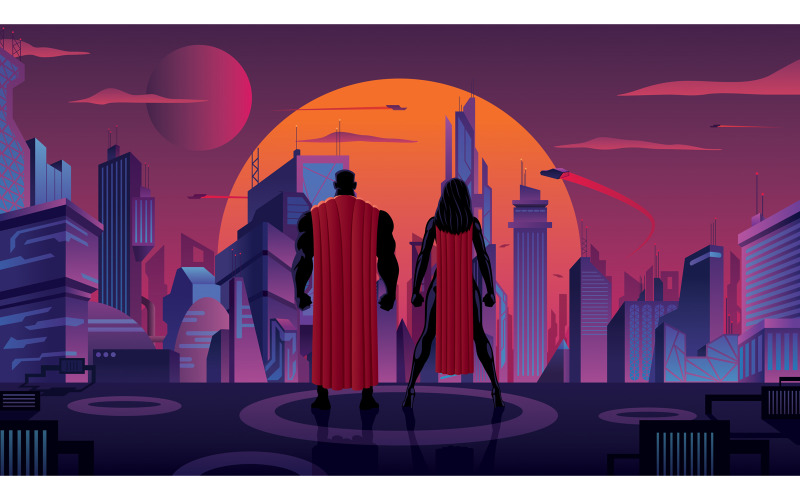 Download Иллюстрация "Superhero Couple in Futuristic City - Illustration" / Superhero Couple in Futuristic City - Illustration - Иллюстрация на тему графика superhero,couple,family,team,silhouette,superheroine,super,hero,man,male,female,heroine,woman,girl,superwoman,watch,watching,over,city,cityscape