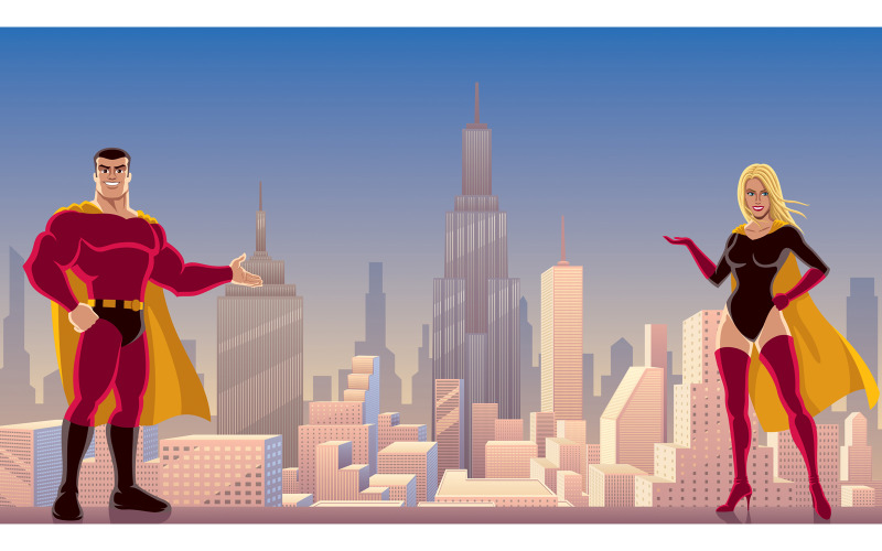Download Иллюстрация "Superhero Couple Presenting - Illustration" / Superhero Couple Presenting - Illustration - Иллюстрация на тему графика superhero,superheroes,superman,superheroine,super,hero,heroes,man,male,female,heroine,woman,girl,superwoman,couple,family,presenting,showing,pointing,presentation