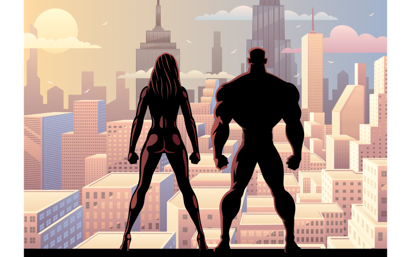 Download Иллюстрация "Superhero Couple Watch Day 2 - Illustration" / Superhero Couple Watch Day 2 - Illustration - Иллюстрация на тему графика superhero,couple,family,team,silhouette,superman,superheroine,super,hero,man,male,female,heroine,woman,girl,superwoman,watch,watching,over,city