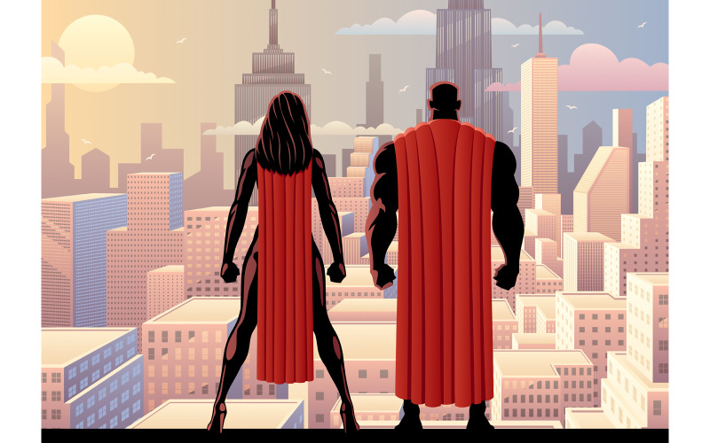 Download Иллюстрация "Superhero Couple Watch Day - Illustration" / Superhero Couple Watch Day - Illustration - Иллюстрация на тему графика superhero,couple,family,team,silhouette,superman,superheroine,super,hero,man,male,female,heroine,woman,girl,superwoman,watch,watching,over,city