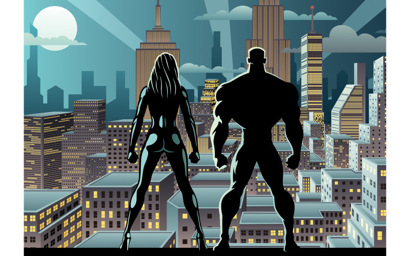 Download Иллюстрация "Superhero Couple Watch Night 2 - Illustration" / Superhero Couple Watch Night 2 - Illustration - Иллюстрация на тему графика superhero,couple,family,team,silhouette,superman,superheroine,super,hero,man,male,female,heroine,woman,girl,superwoman,watch,watching,over,city
