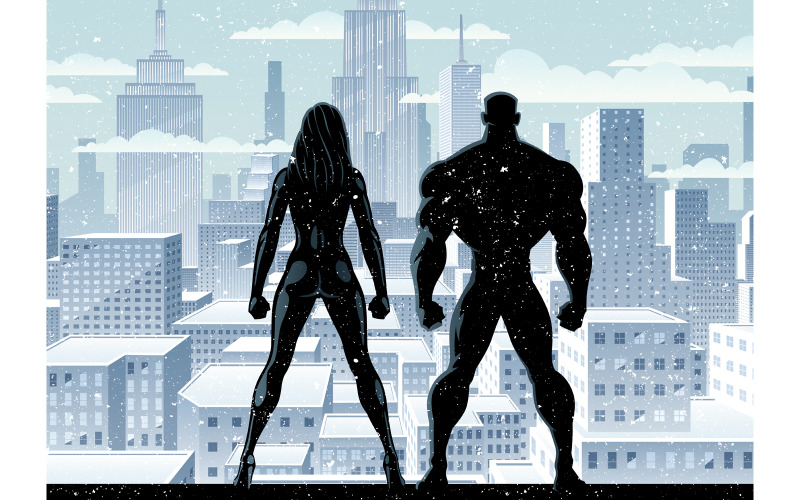 Download Иллюстрация "Superhero Couple Watch Winter 2 - Illustration" / Superhero Couple Watch Winter 2 - Illustration - Иллюстрация на тему графика superhero,couple,family,team,silhouette,superman,superheroine,super,hero,man,male,female,heroine,woman,girl,superwoman,watch,watching,over,city