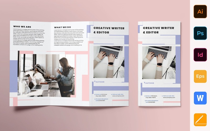 Download Фирменный стиль "Author Brochure Trifold - Corporate Identity Template" / Author Brochure Trifold - Corporate Identity Template - Фирменный стиль на тему графика brochure,trifold,template,corporate,company,branding,author,writer,editor,book,copywriter,journalist,white,purple,black
