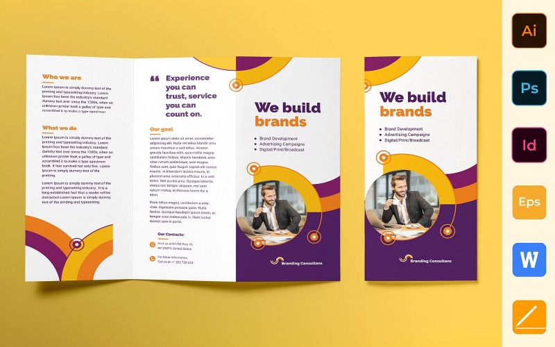 Download Фирменный стиль "Branding Consultant Brochure Trifold - Corporate Identity Template" / Branding Consultant Brochure Trifold - Corporate Identity Template - Фирменный стиль на тему графика brochure,trifold,template,corporate,company,branding,strategy,consultant,consulting,marketing,management,campaign,violet,orange,white