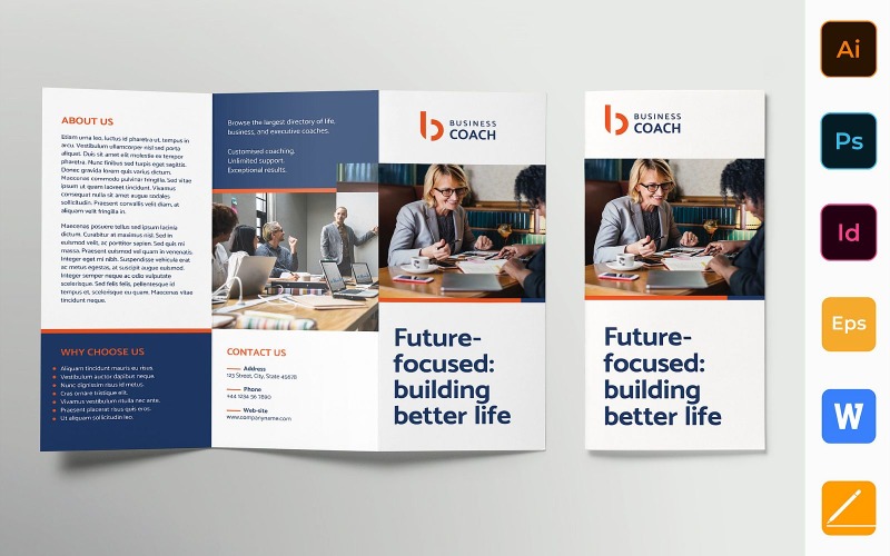 Download Фирменный стиль "Business Coach Brochure Trifold - Corporate Identity Template" / Business Coach Brochure Trifold - Corporate Identity Template - Фирменный стиль на тему графика brochure,trifold,template,corporate,company,branding,business,coach,entrepreneur,motivation,businessman,training,blue,orange,white