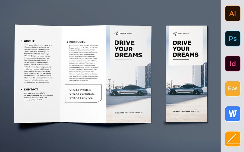 Download Фирменный стиль "Car Dealership Brochure Trifold - Corporate Identity Template" / Car Dealership Brochure Trifold - Corporate Identity Template - Фирменный стиль на тему графика brochure,trifold,template,corporate,company,branding,car,dealership,dealer,rent,auto,showroom,white,black,gray