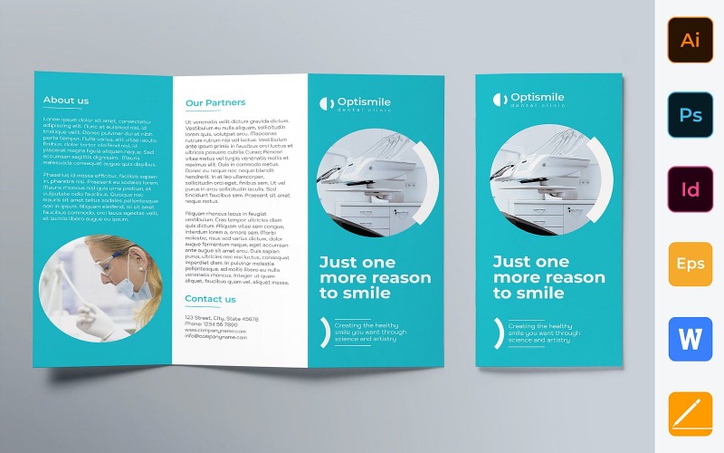 Driebladige brochure van de tandheelkundige kliniek - huisstijlsjabloon