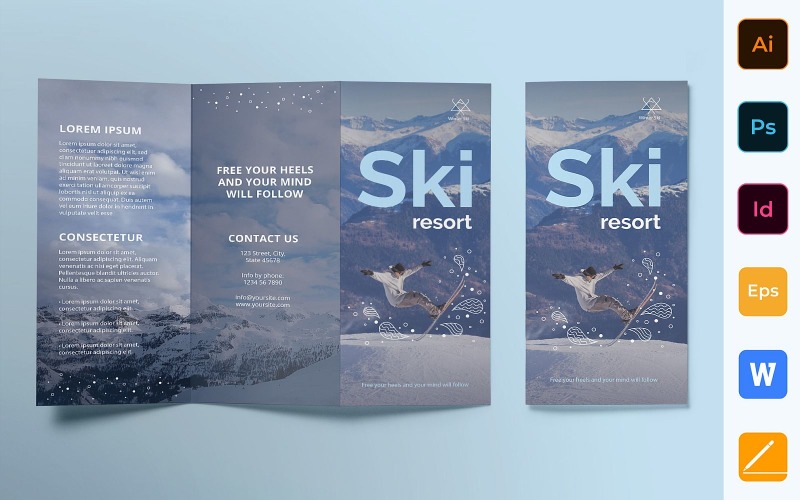 Driebladige brochure van het skiresort - huisstijlsjabloon