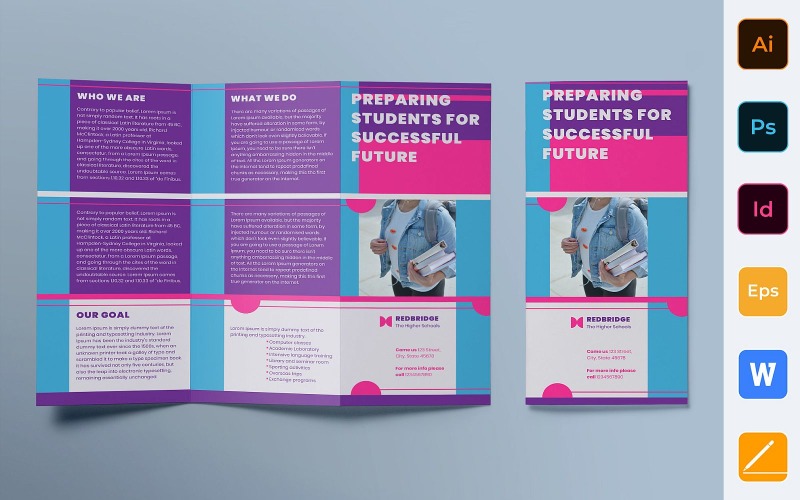Download Фирменный стиль "Education Brochure Trifold - Corporate Identity Template" / Education Brochure Trifold - Corporate Identity Template - Фирменный стиль на тему графика brochure,trifold,template,corporate,company,branding,education,student,school,learning,teacher,college,purple,pink,blue