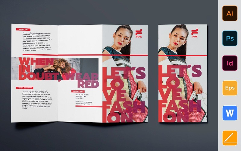 Download Фирменный стиль "Fashion Designer Brochure Trifold - Corporate Identity Template" / Fashion Designer Brochure Trifold - Corporate Identity Template - Фирменный стиль на тему графика brochure,trifold,template,corporate,company,branding,fashion,designer,style,model,fashionweek,clothes,gray,red,black
