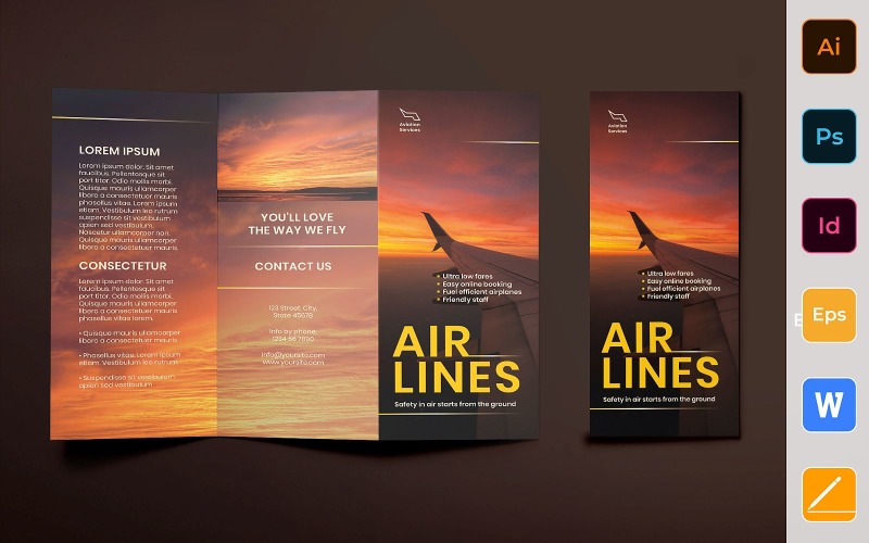 Folheto de aviação de companhias aéreas com três dobras - modelo de identidade corporativa