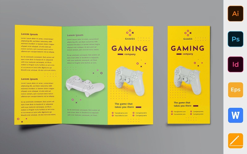 Download Фирменный стиль "Gaming Company Brochure Trifold - Corporate Identity Template" / Gaming Company Brochure Trifold - Corporate Identity Template - Фирменный стиль на тему графика brochure,trifold,template,corporate,company,branding,gaming,game,entertainment,play,application,gamepad,app,yellow,purple