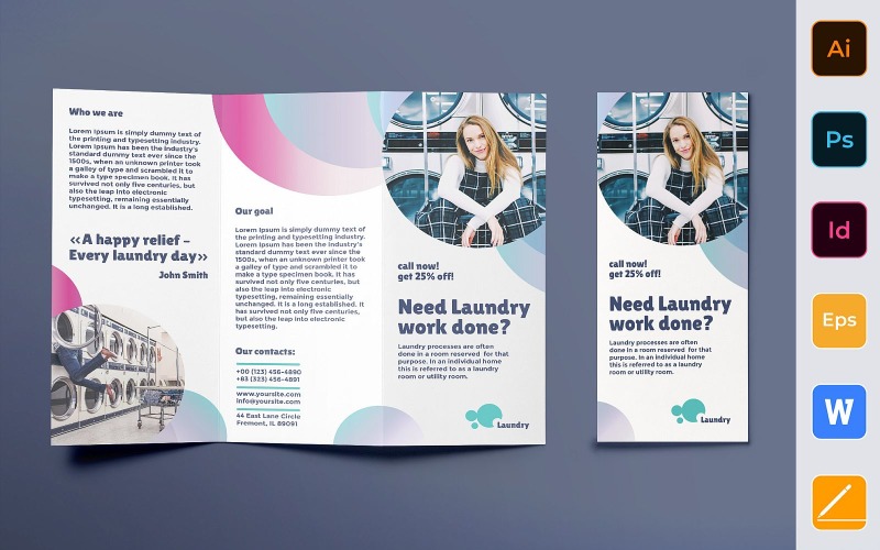 Download Фирменный стиль "Laundry Brochure Trifold - Corporate Identity Template" / Laundry Brochure Trifold - Corporate Identity Template - Фирменный стиль на тему графика brochure,trifold,template,corporate,company,branding,laundry,clean,clothes,services,wash,home,white,pastel,purple