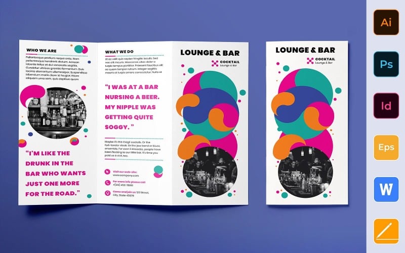 Download Фирменный стиль "Lounge Bar Brochure Trifold - Corporate Identity Template" / Lounge Bar Brochure Trifold - Corporate Identity Template - Фирменный стиль на тему графика brochure,trifold,template,corporate,company,branding,lounge,bar,relax,music,cafe,club,white,pink,orange