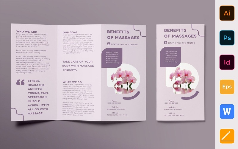Download Фирменный стиль "Massage Spa Salon Brochure Trifold - Corporate Identity Template" / Massage Spa Salon Brochure Trifold - Corporate Identity Template - Фирменный стиль на тему графика brochure,trifold,template,corporate,company,branding,massage,spa,salon,services,health,relax,pink,violet,white